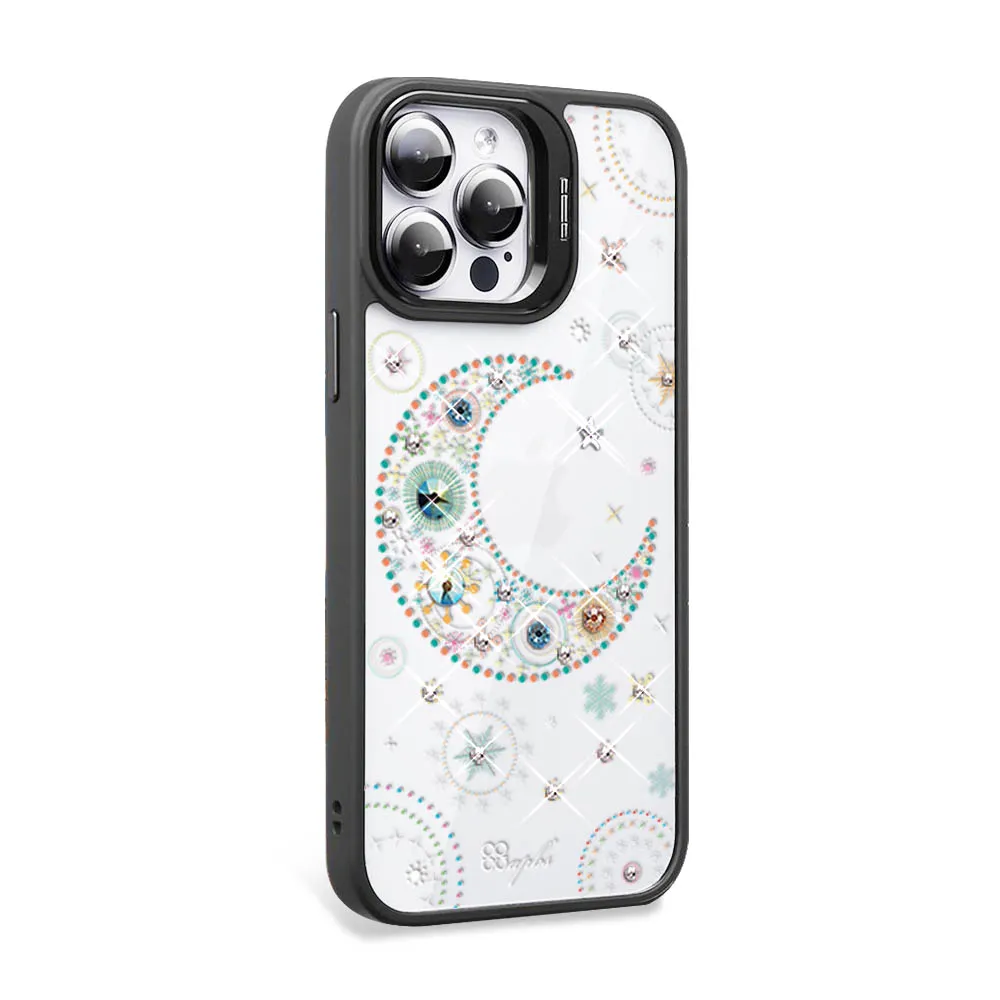 【apbs】iPhone 15系列 防震雙料隱形立架水晶彩鑽手機殼(星月-黑框)