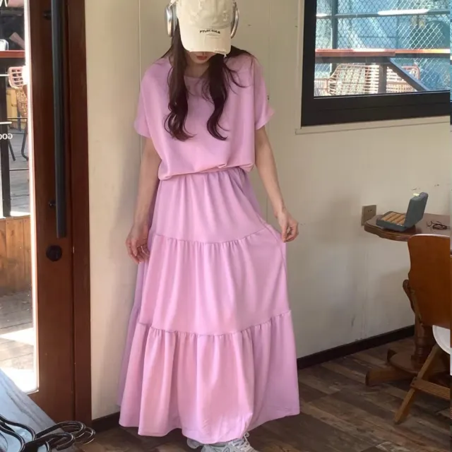 【BBHONEY】韓製太空棉鬆緊蛋糕長裙 短袖上衣套裝(1+1二件式)
