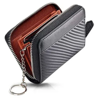 【MoonDy】交換禮物 碳纖紋短夾 零錢包 日本零錢包 拉鍊零錢包 錢包 卡夾零錢包 黑色錢包 招財錢包 