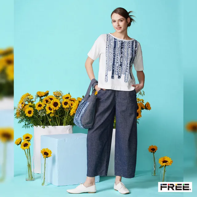 【FREE】進口棉麻口袋九分立體褲(藍色)