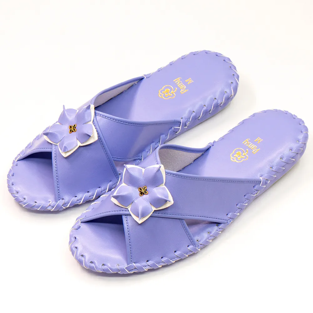 【PANSY】花朵款 女士手工防滑舒適柔軟皮革室內拖鞋 藍色 室內鞋 拖鞋 防滑拖鞋(9500)