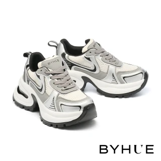 【BYHUE】率性街頭撞色線條異材質綁帶軟芯厚底休閒鞋(銀)