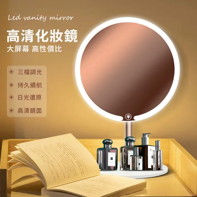 【QLZHS】桌面LED高清日光化妝鏡 三色燈補光鏡 桌面梳妝鏡 宿舍美妝鏡(上妝無色差 底座可收納)