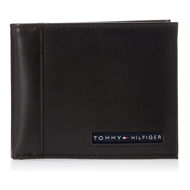 【Tommy Hilfiger】簡約經典logo 時尚皮革短夾 雙折皮夾 原廠盒裝(深咖啡色)