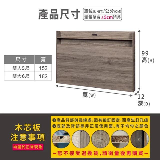 【ASSARI】悠真木芯板插座床頭片(雙人5尺)
