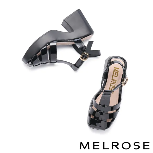 【MELROSE】美樂斯 質感率性編織帶造型牛漆皮方頭高跟涼鞋(黑)