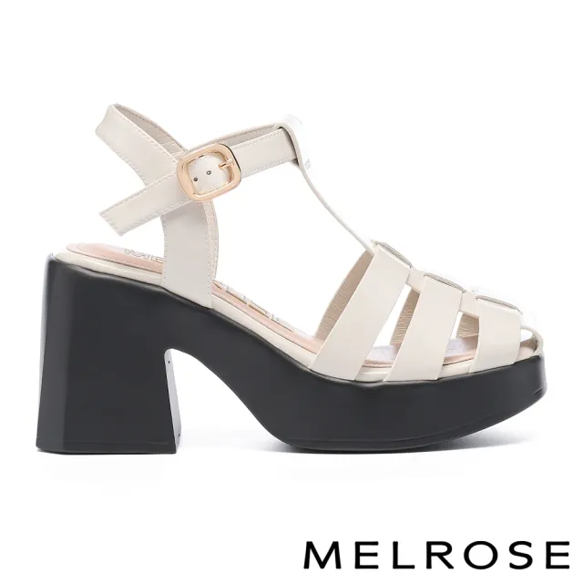 【MELROSE】美樂斯 質感率性編織帶造型牛漆皮方頭高跟涼鞋(米白)