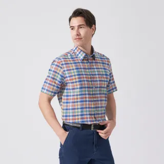 【pierre cardin 皮爾卡登】休閒服飾 男款 格紋休閒短袖襯衫-藍色(5247166-36)