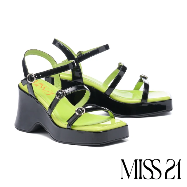 MISS 21 簡約質感工字寬帶全真皮楔型厚底拖鞋(米白)優