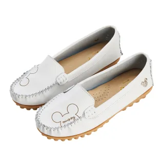 【Disney 迪士尼】迪士尼女鞋 米奇 牛皮烙印質感飾釦豆豆鞋-白(MIT台灣在地工廠製造)