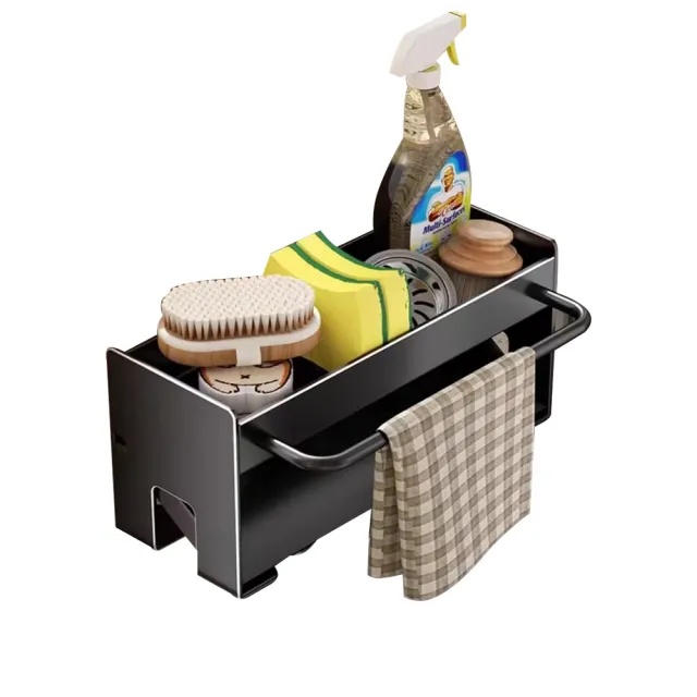 【SUNORO】廚房水槽碳鋼瀝水架 海綿菜瓜布收納架 抹布掛架 浴室置物架(斜型自動排水/水槽置物架)