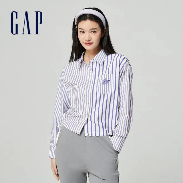 【GAP】女裝 Logo純棉翻領長袖襯衫-多色可選(873202)