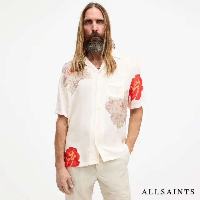 【ALLSAINTS】ROZE 人造絲寬鬆短袖夏威夷花卉印花襯衫-米 M033SA(舒適版型)