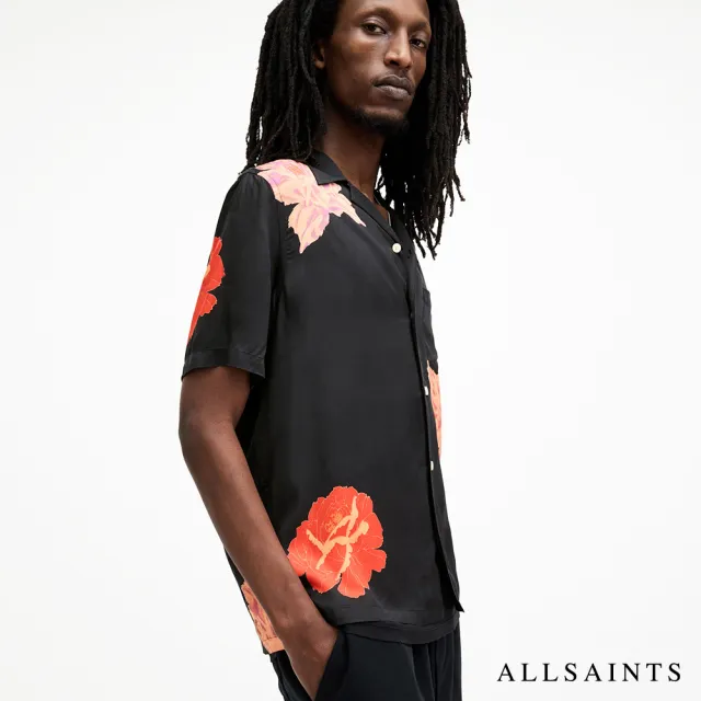 【ALLSAINTS】ROZE 人造絲寬鬆短袖夏威夷花卉印花襯衫-黑 M033SA(舒適版型)