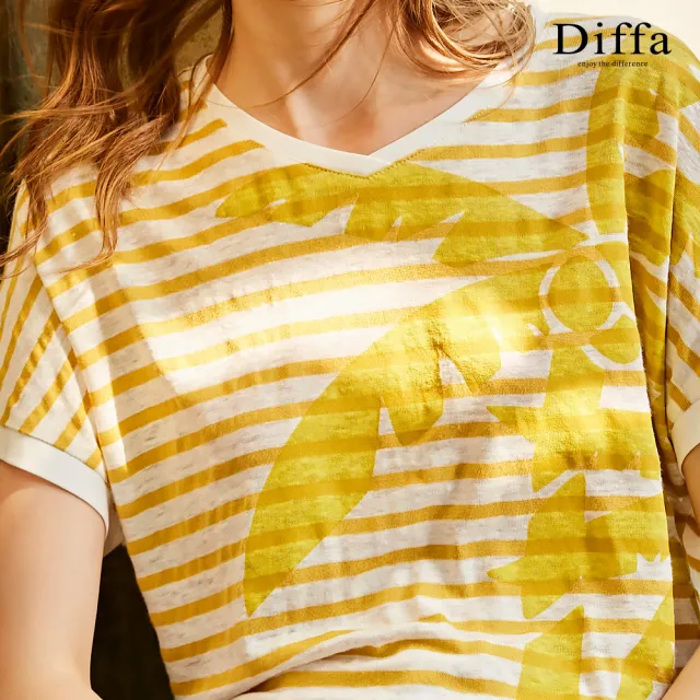 【Diffa】撞色條紋椰子樹印花連袖針織衫-女