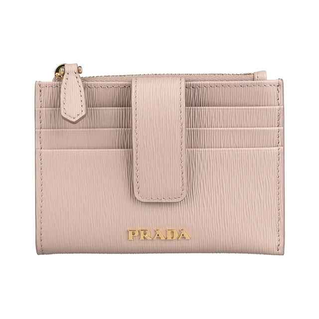 【PRADA 普拉達】PRADA Vitello Move金字LOGO牛皮3卡拉鍊按釦式卡夾零錢包(藕粉)
