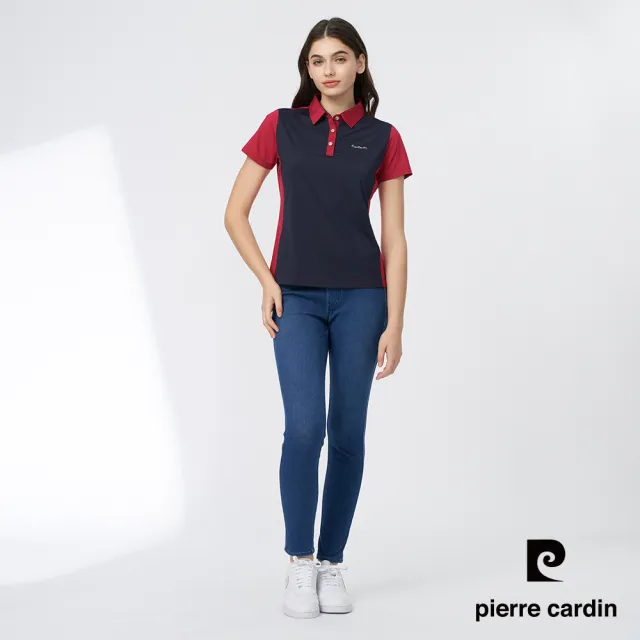 【pierre cardin 皮爾卡登】女款 吸濕排汗撞色短袖polo衫-紅藍色(4247202-78)