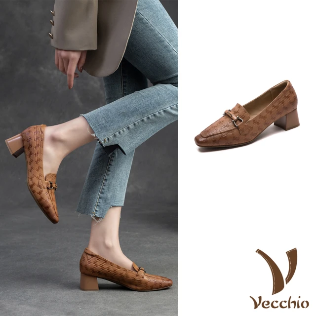 【Vecchio】真皮跟鞋 方頭跟鞋/全真皮羊皮小方頭印花馬銜扣飾高跟鞋(黃)