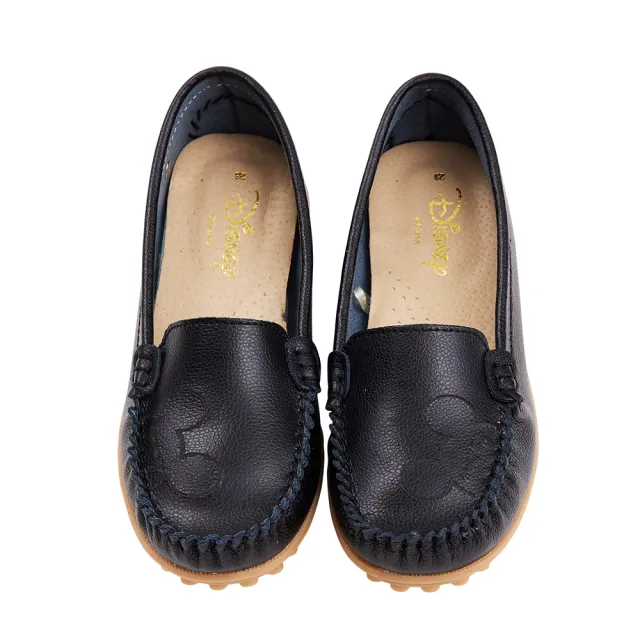 【Disney 迪士尼】迪士尼女鞋 米奇 牛皮烙印質感飾釦豆豆鞋-黑(MIT台灣在地工廠製造)