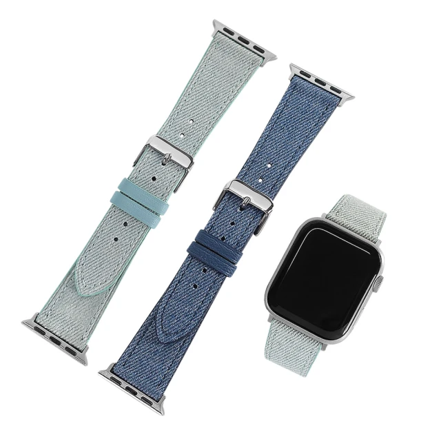 Watchband Apple Watch 全系列通用錶帶 蘋果手錶替用錶帶 外層牛仔布紋 內層真皮錶帶(藍色/天空藍色)
