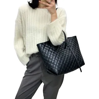 【89 zone】法式復古菱格繡線 單肩包 斜挎包 手提包 托特包(卡其/黑)