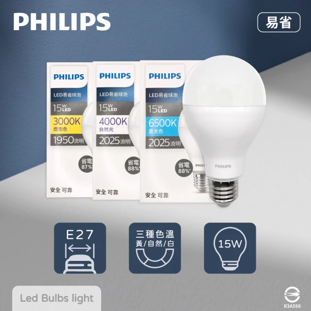 Philips 飛利浦 8入組 易省 LED燈泡 15W E27 全電壓 LED 球泡燈(2024年最新款)