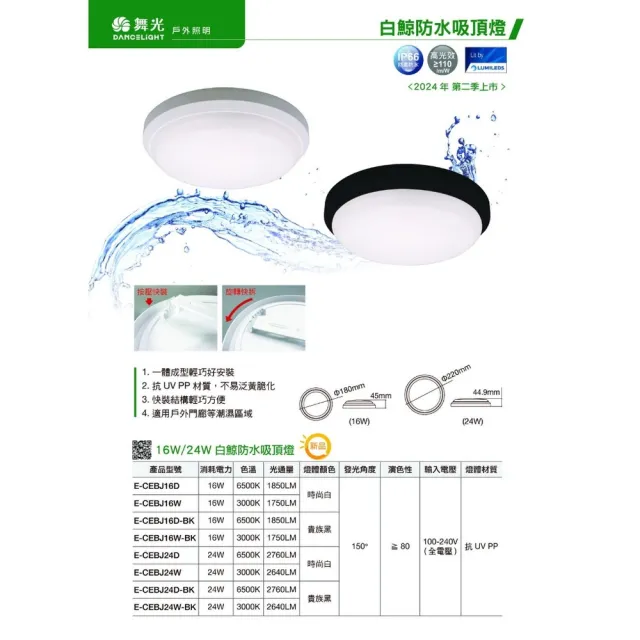 【DanceLight 舞光】單入 白鯨系列 LED 16W 吸頂燈 防水係數IP66(白光/黃光/中性光)