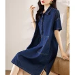 【MsMore】韓版牛仔短袖休閒寬鬆連身裙中長洋裝#121515(藍)