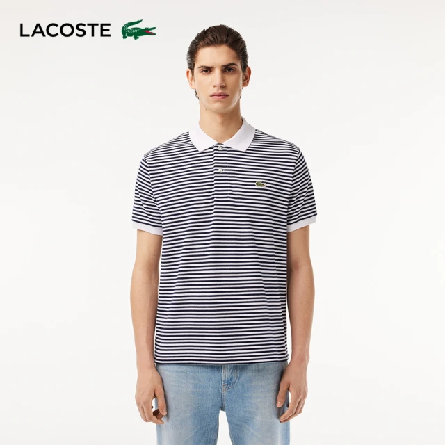 LACOSTELACOSTE 男裝-L.12.12 條紋棉質短袖 Polo 衫(白/海軍藍)