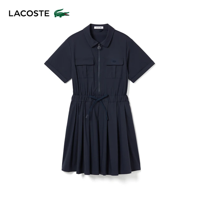 LACOSTE 母親節首選女裝-造型收腰百折短袖洋裝(海軍藍)