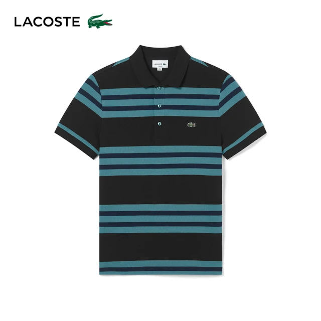 LACOSTE 男裝-條紋短袖Polo衫(黑/綠色)