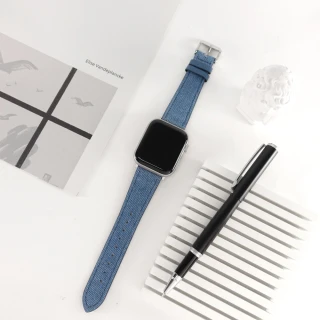 【Watchband】Apple Watch 全系列通用錶帶 蘋果手錶替用錶帶 銀鋼扣 外層牛仔布紋 內層真皮錶帶(藍色)