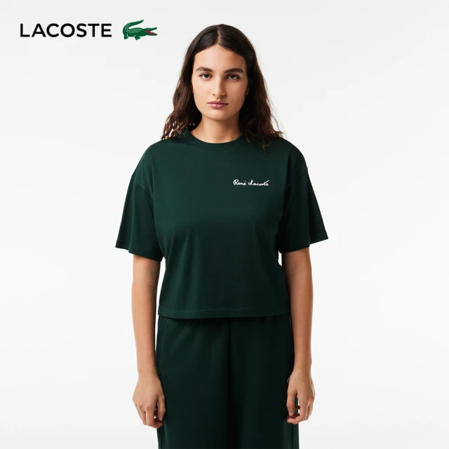 LACOSTE 母親節首選女裝-寬版文字印花短袖T恤(深綠色)