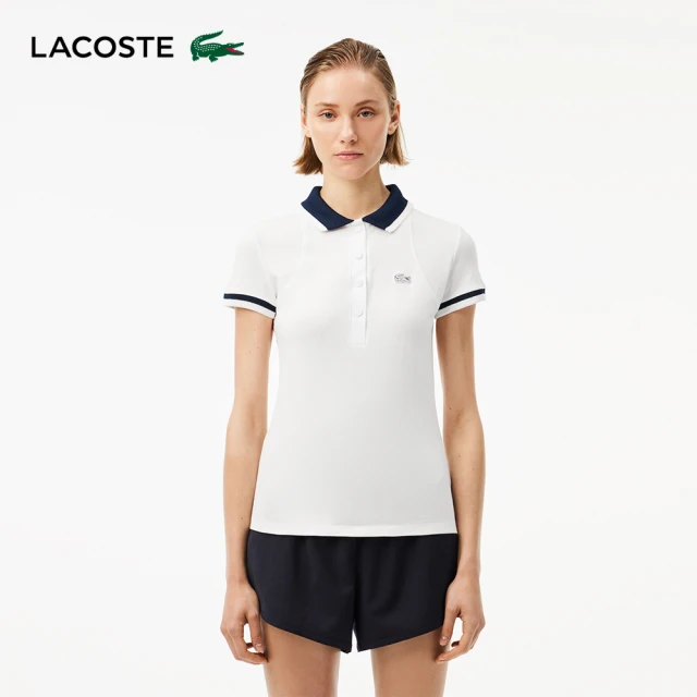 LACOSTE 母親節首選女裝-法國製造條紋網眼短袖Polo衫(白色)