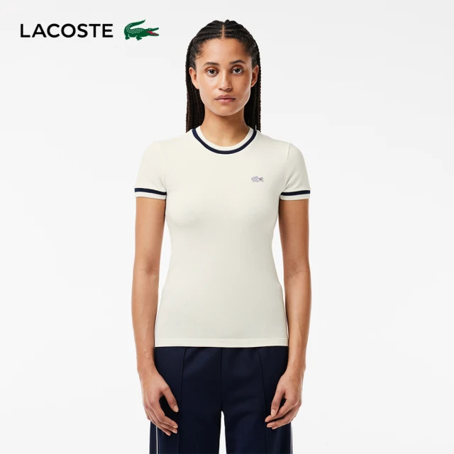 LACOSTE 母親節首選女裝-法國製造撞色滾邊合身短袖T恤(白色)