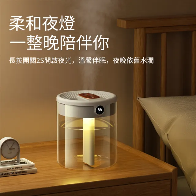 WODER 智能數顯雙噴2L大容量加濕器 靜音霧化水氧機 USB桌面空氣加濕機噴霧器 保濕補水噴霧機