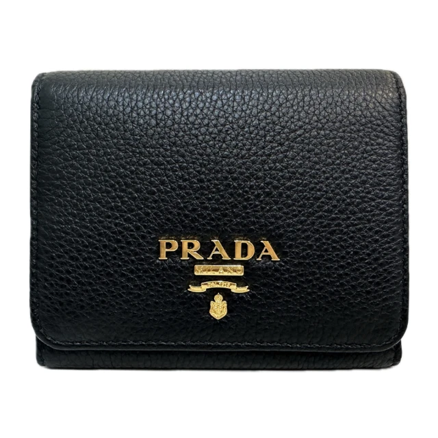 PRADA 普拉達 1MH176 經典金屬字母LOGO荔枝牛皮三折錢包中短夾(黑色)