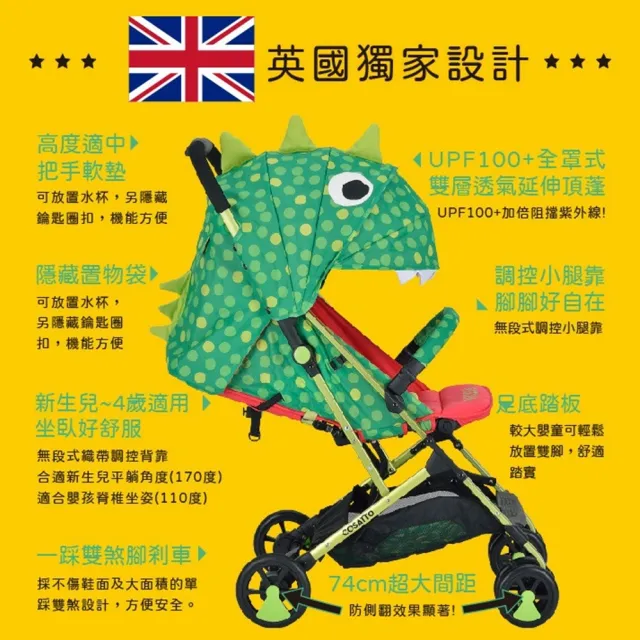 【HTGC】可登機 輕量秒收 單手折疊 嬰兒推車嬰兒車/單腳剎車/170度平躺/推車/手推車/娃娃車 綠恐龍