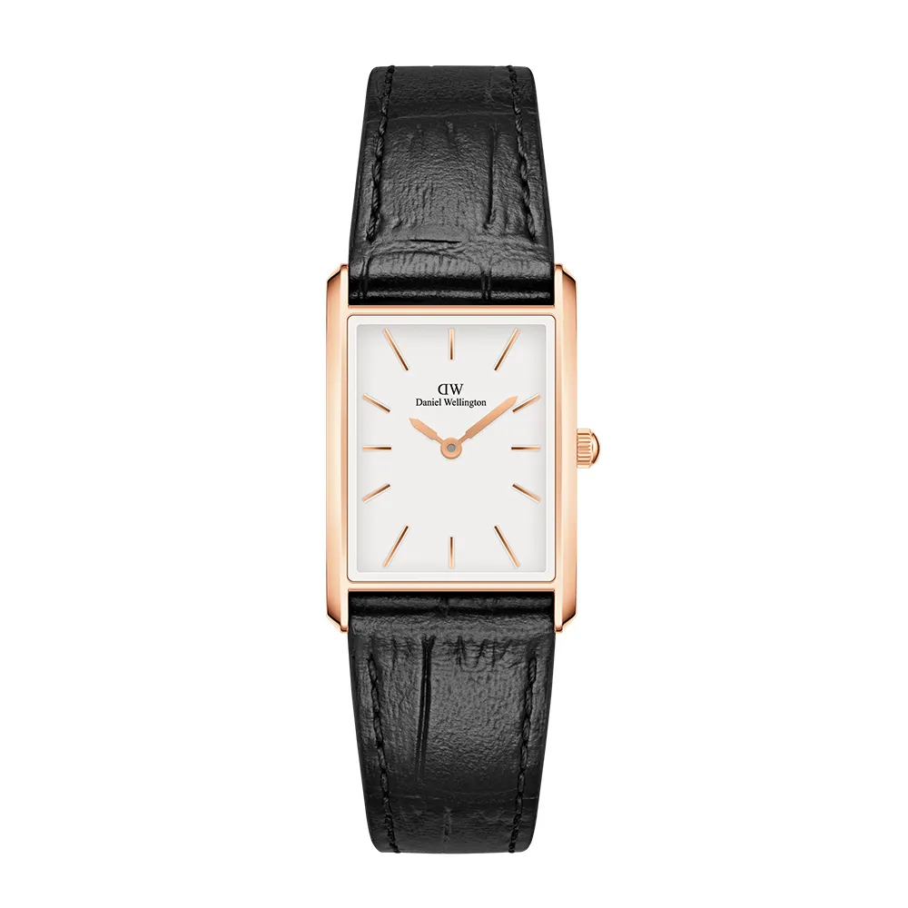 【Daniel Wellington】DW 手錶 Bound 32x22mm 摩登寂靜黑皮革方錶(玫瑰金)