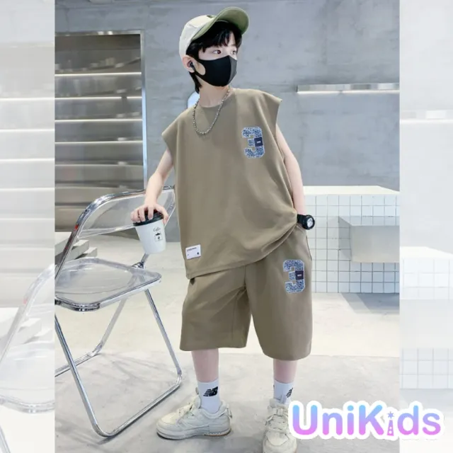 【UniKids】中大童裝短2件套裝無袖背心休閒五分褲  男大童裝 VPMYJ-2322(咖)