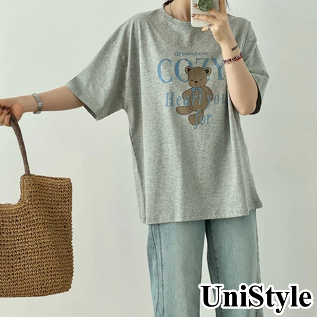 UniStyle 小熊短袖T恤 韓版美式復古上衣 女 UP1658(花灰)