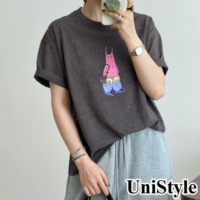 【UniStyle】做舊短袖T恤 韓版外星人印花上衣 女 UP1578(深灰)