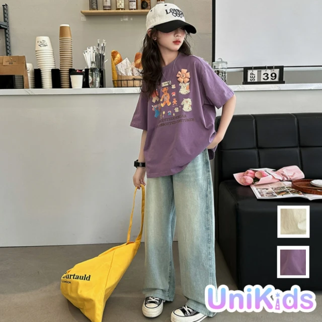 UniKids 中大童裝短袖T恤 美式復古印花立體小花上衣 