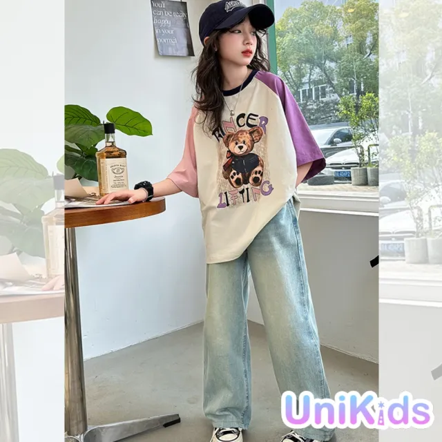 【UniKids】中大童裝短袖T恤 復古小熊撞色上衣 女大童裝 CVNG323(拼色)