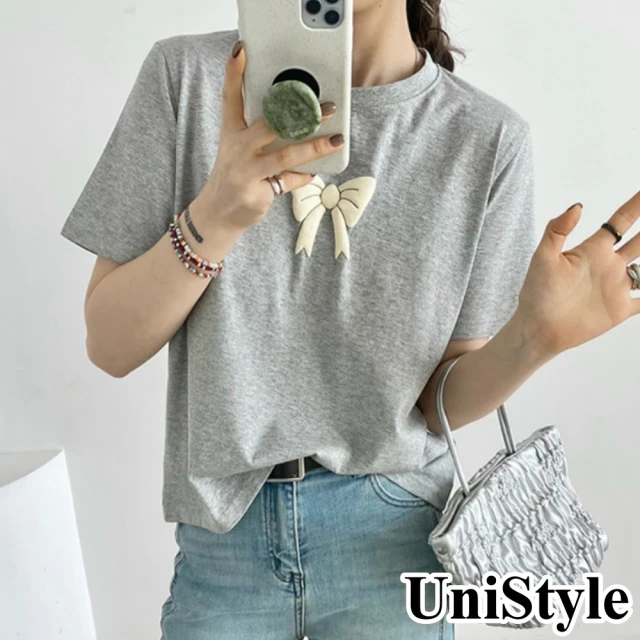 【UniStyle】韓版短袖T恤 甜美發泡蝴蝶結上衣 UP1599(花灰)