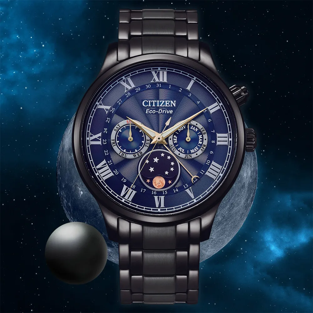 【CITIZEN 星辰】光動能月相手錶 夜空藍 520禮物 送禮 男錶(AP1055-87L)