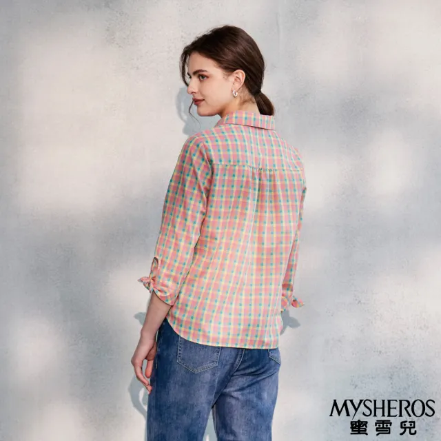 【MYSHEROS 蜜雪兒】棉質造型襯衫 亮鑽排釦單口袋 多巴胺格紋設計 袖綁帶造型(粉)