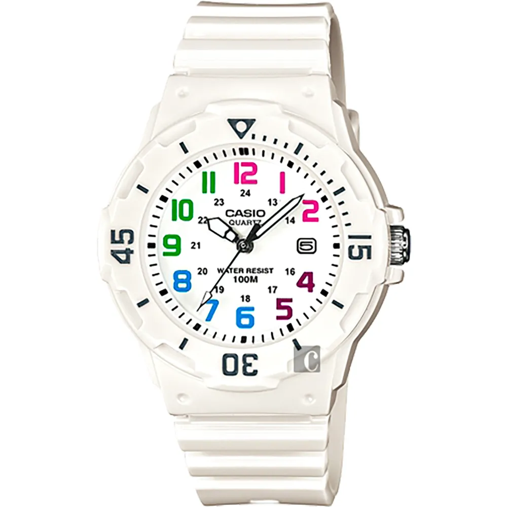 【CASIO 卡西歐】學生錶  迷你運動風指針手錶-彩色x白 考試手錶 送禮 禮物 推薦(LRW-200H-7BVDF)