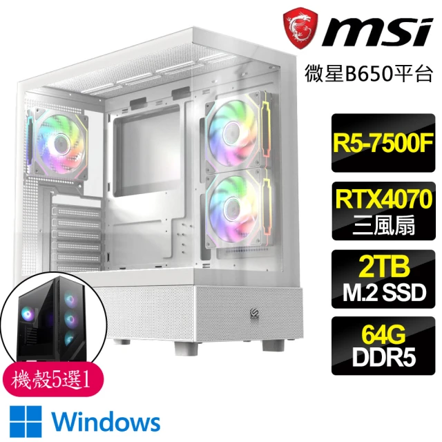 微星平台 R5六核 Geforce RTX4070 3X WiN11P{飛天戰}電競電腦(R5-7500F/B650/64G D5/2TB)