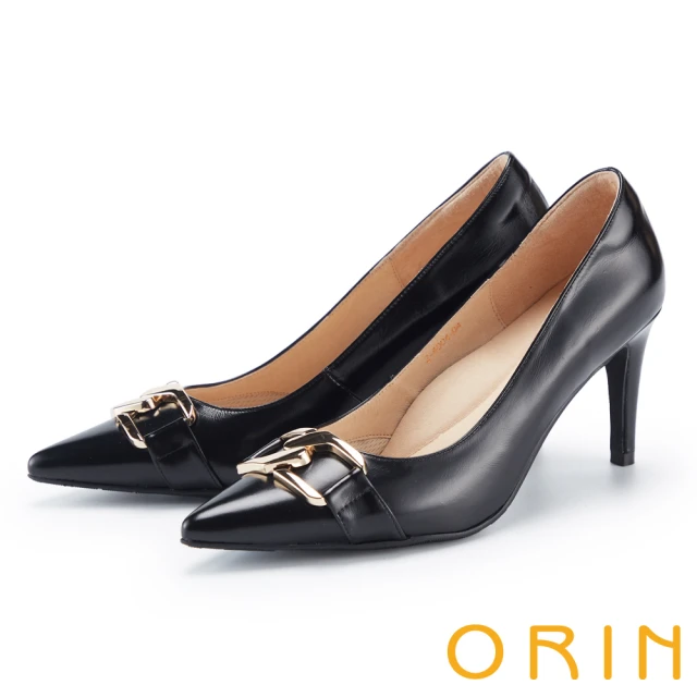 ORIN 質感造型飾釦真皮尖頭高跟鞋(黑色)